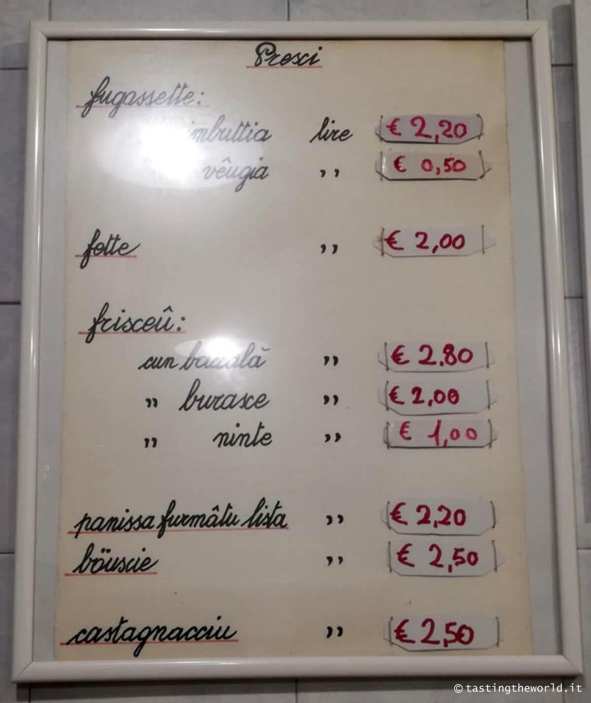 Listino prezzi (negozio in vico Crema, Savona)